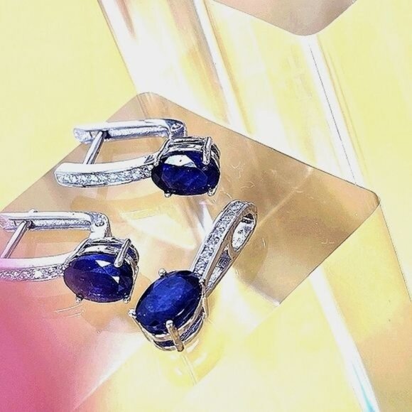 Natural Sapphire set "Teala" 925 Sterling Silver Earrings Pendant Ring 7… - Picture 3 of 7